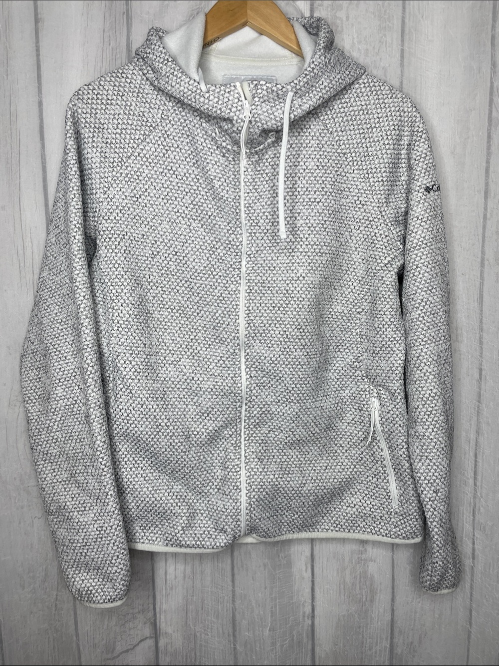 Columbia White and Gray Hoodie with Blue Tag Accent